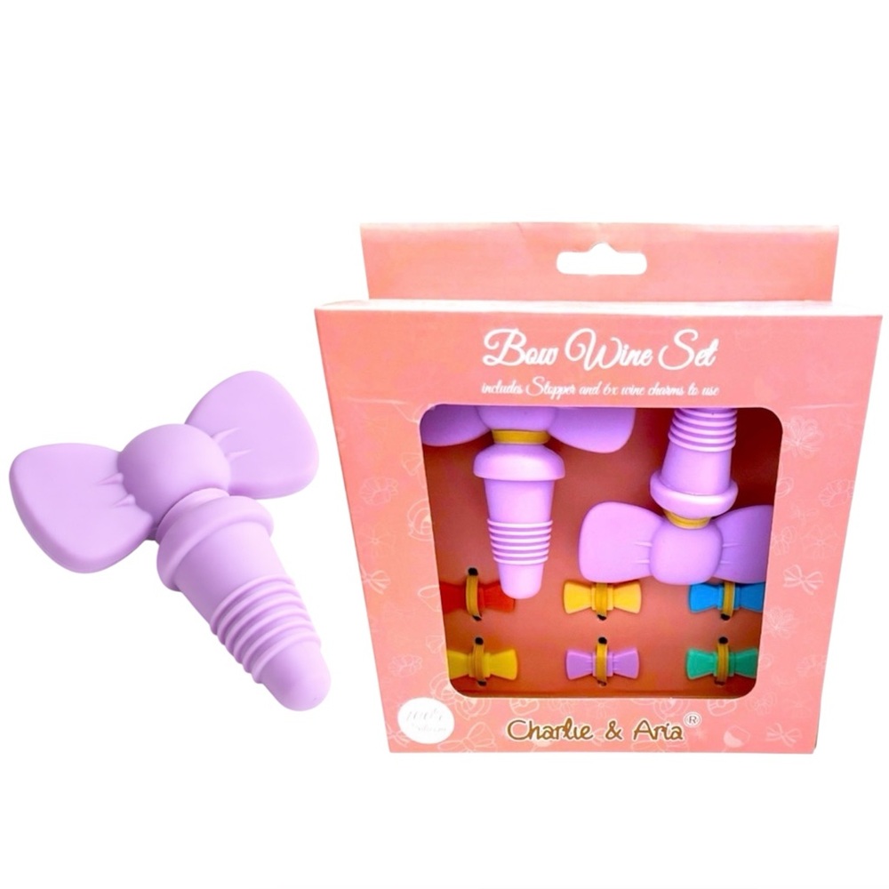 Wine Stopper Gift Set 2 Bottle Stoppers & 6 Bow Wine Glass Charms Hostess Gift